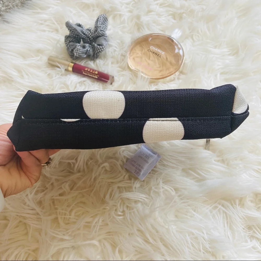 Lancôme Black White Polka Dot Makeup Bag Pink Lining Zip Cosmetic Pouch